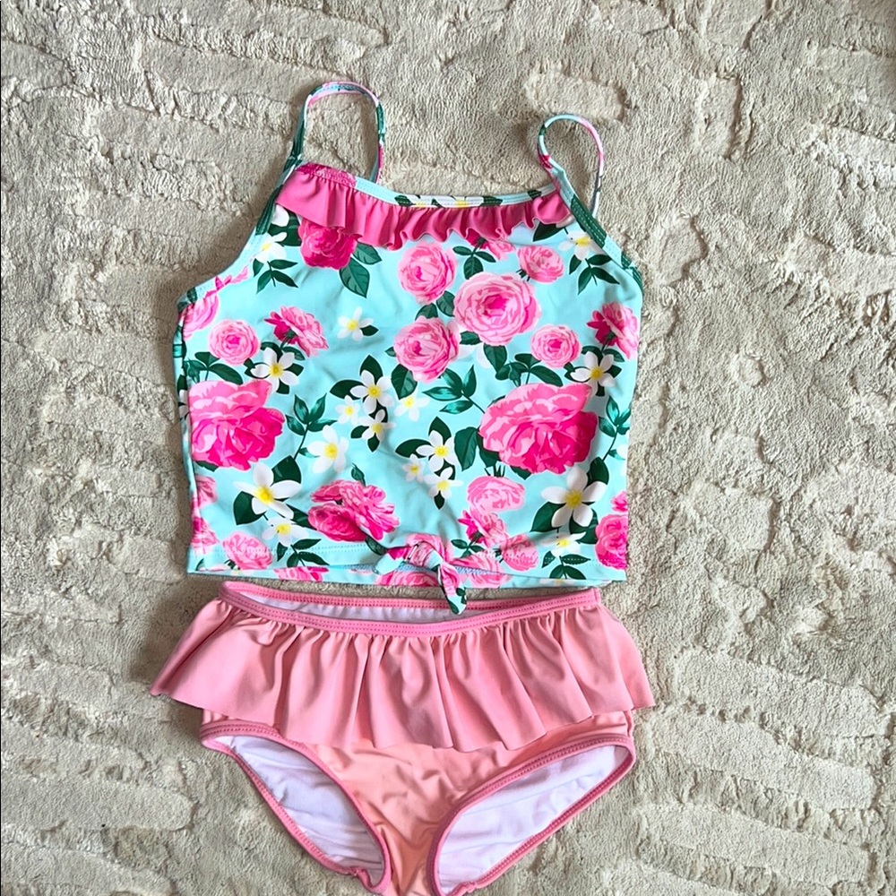 Ruffle Butts Floral Pink and Green Kids Swim Set 8